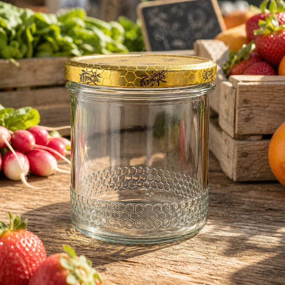 560g Honigglas + BasicSeal Deckel Bienenwabe UNiTWIST 400ml Honigglas mit BasicSeal Bienenwaben-Deckel, leeres Imkerglas zwischen frischen Erdbeeren und Gemüse