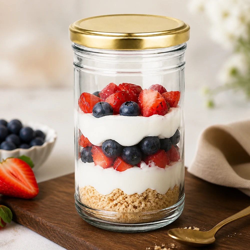 1053ml tumblery s víčkem BasicSeal zlaté UNiTWIST Schichtdessert mit Beeren und Joghurt im 1053ml Sturzglas mit goldenem Deckel als gesunde Dessert-Idee