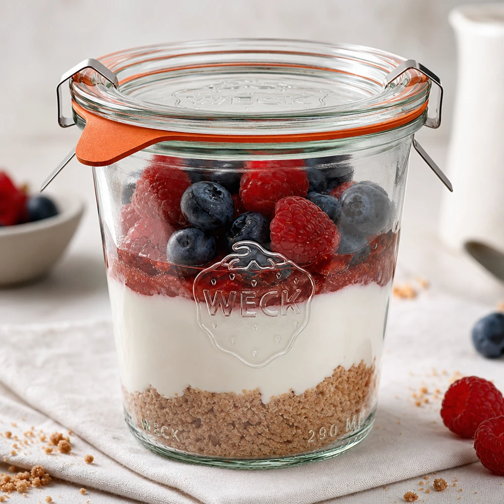 290ml vysoká skleněná nádoba kompletní WECK RR80 WECK Sturzglas 290ml RR80 als Dessertglas mit Joghurt Beeren und Müsli in Schichten auf weißer Oberfläche