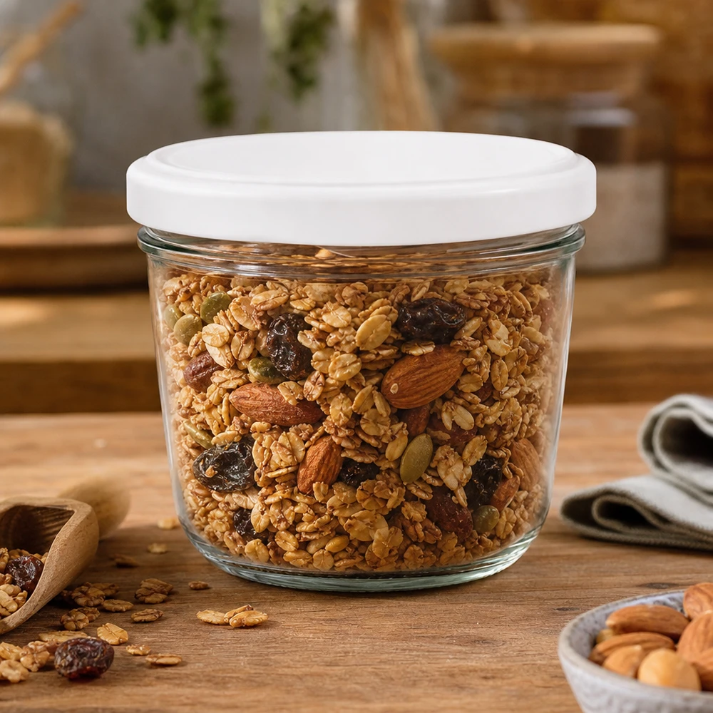230ml sklenice s víčkem BasicSeal bílá UNiTWIST 230ml Sturzglas mit BasicSeal Deckel gefüllt mit Müsli und Nüssen - perfekt für trockene Lebensmittel Lagerung