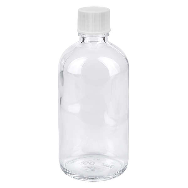 100ml láhev 11mm šroubovací uzávěr bílý standard ClearLine UT18/100 ClearLine Klarglasflasche 100ml UT18 mit weißem Verschluss für Flüssigkeiten