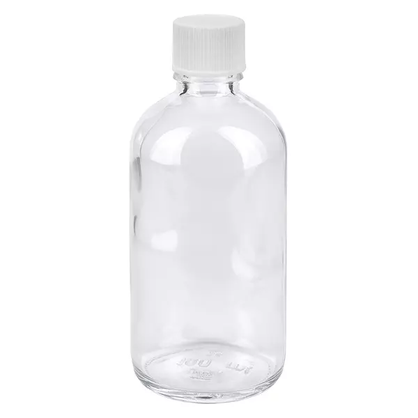 100ml láhev 11mm šroubovací uzávěr bílý standard ClearLine UT18/100 ClearLine Klarglasflasche 100ml UT18 mit weißem Verschluss für Flüssigkeiten