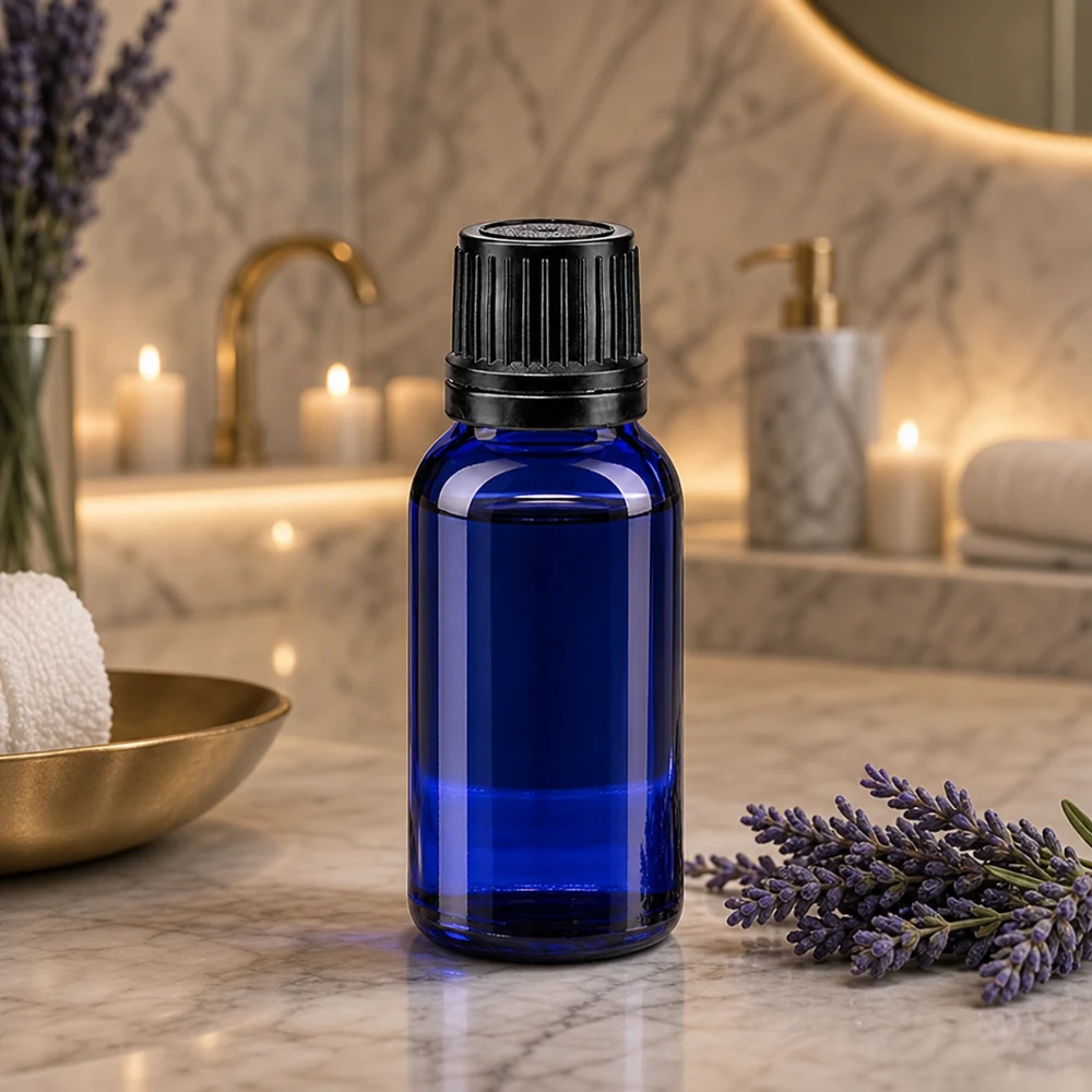 Lékárenská lahvička modrá 10ml kapací uzávěr nalévací kroužek 1mm černý uzávěr proti neoprávněné manipulaci. Lichtschutzflasche 10ml Blauglas mit Originalitätsverschluss schwarz für empfindliche Wirkstoffe