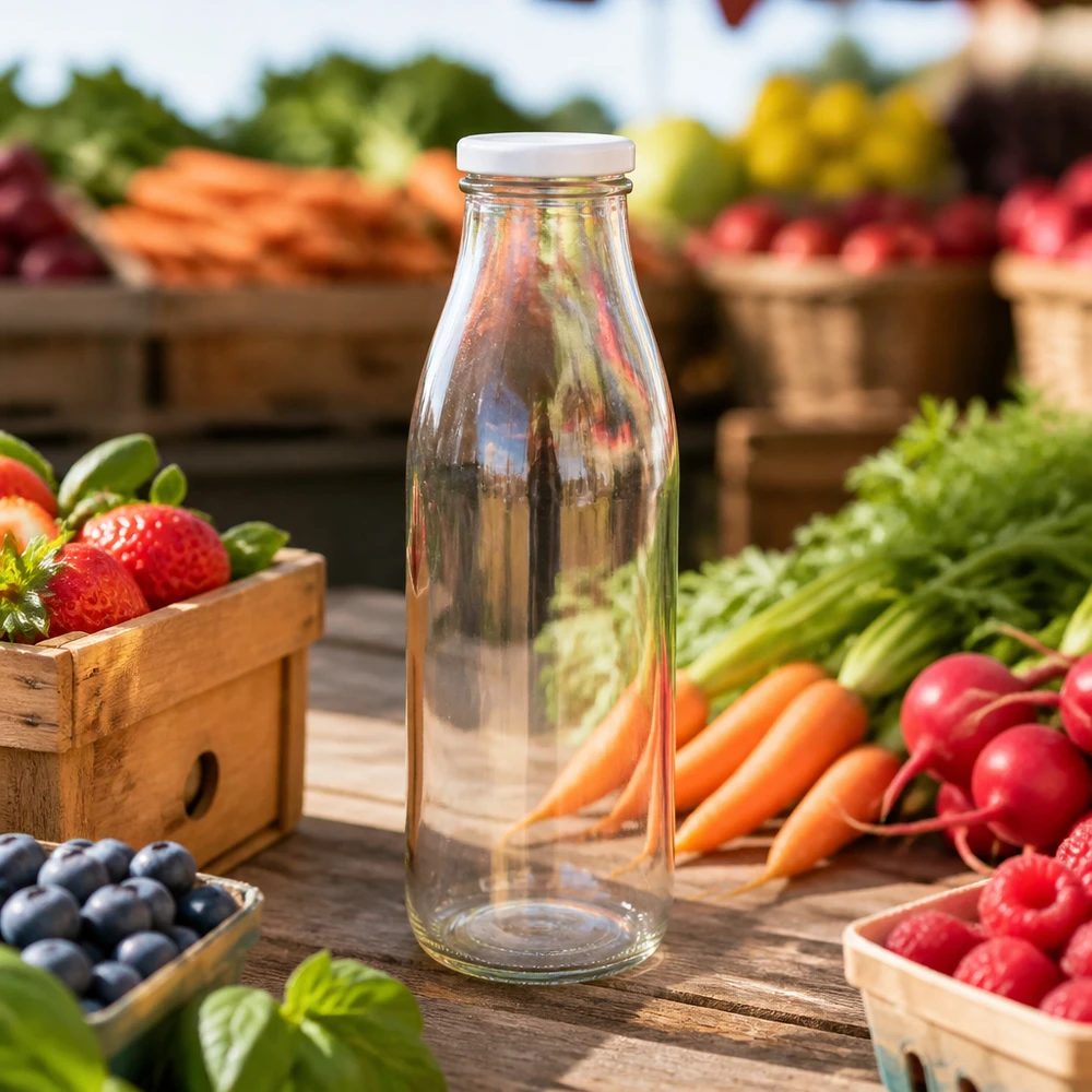 500ml skleněná láhev + víčko BasicSeal bílé UNiTWIST 500ml Glasflasche mit BasicSeal Deckel auf Holztisch zwischen frischem Obst und Gemüse am Marktstand