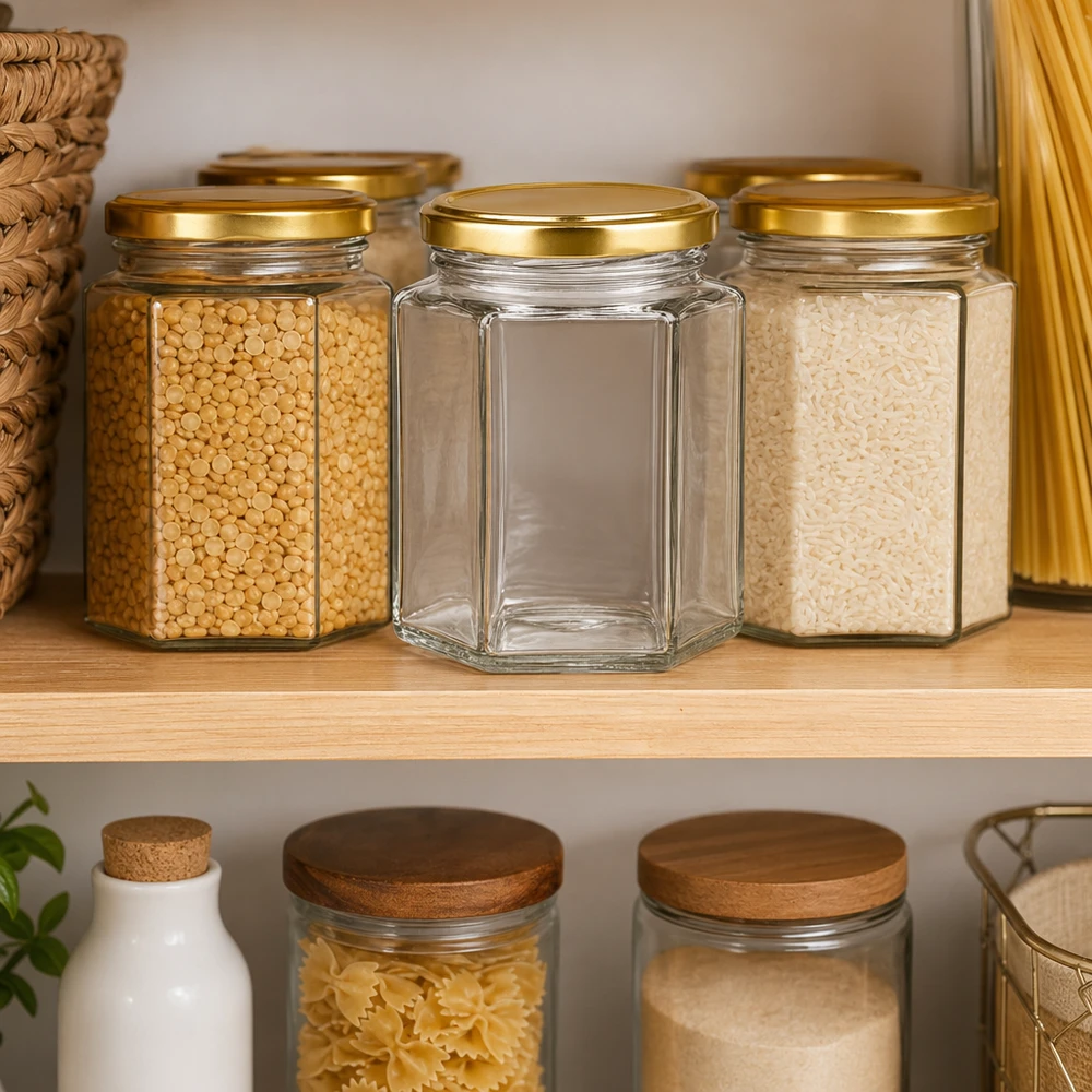 250g Honigglas hexagonal BasicSeal mit Golddeckel in Pantry-Regal zwischen Vorratsgläsern für Küchenorganisation