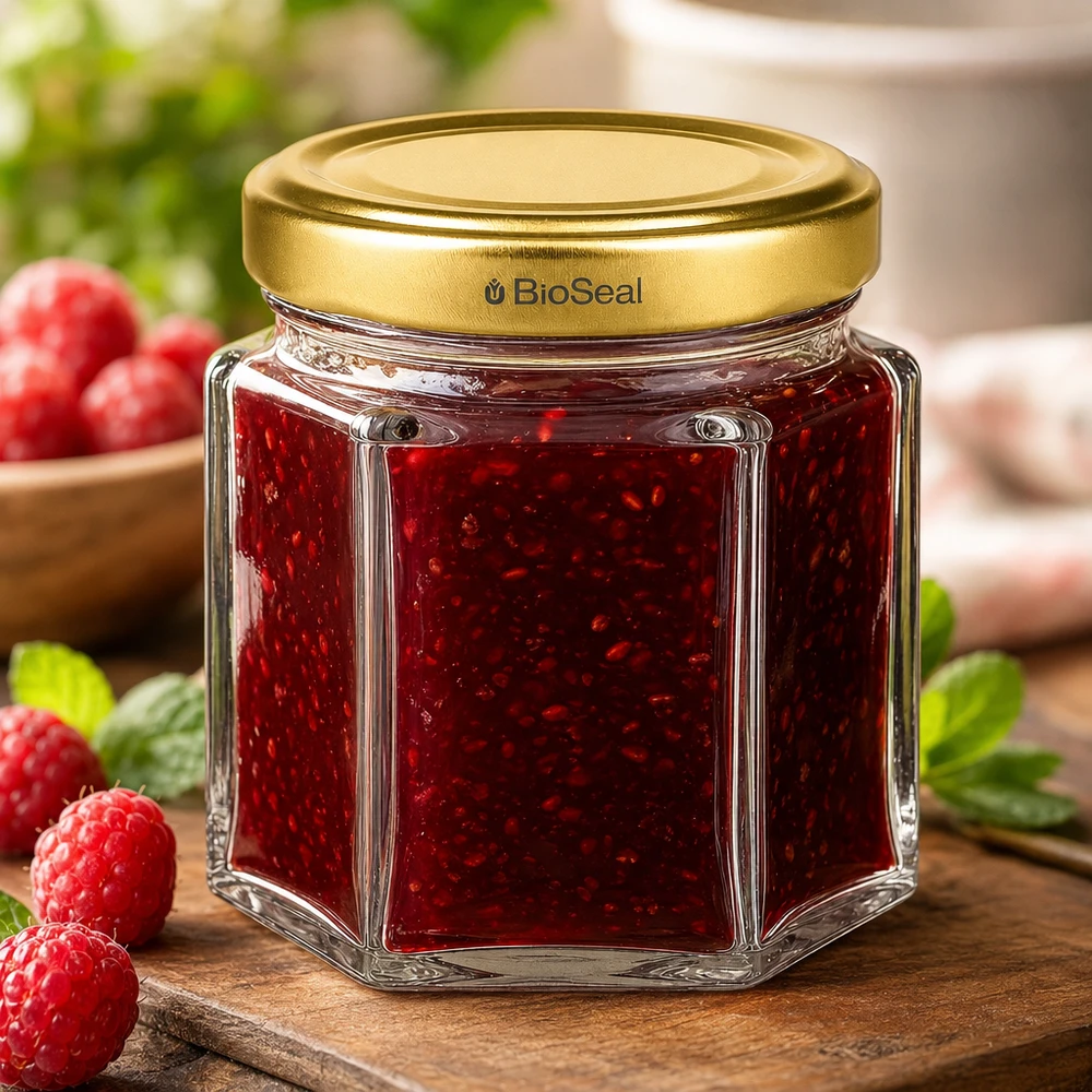 Hexagonales 60g Honigglas BioSeal mit roter Himbeermarmelade auf Holzbrett mit frischen Himbeeren dekoriert