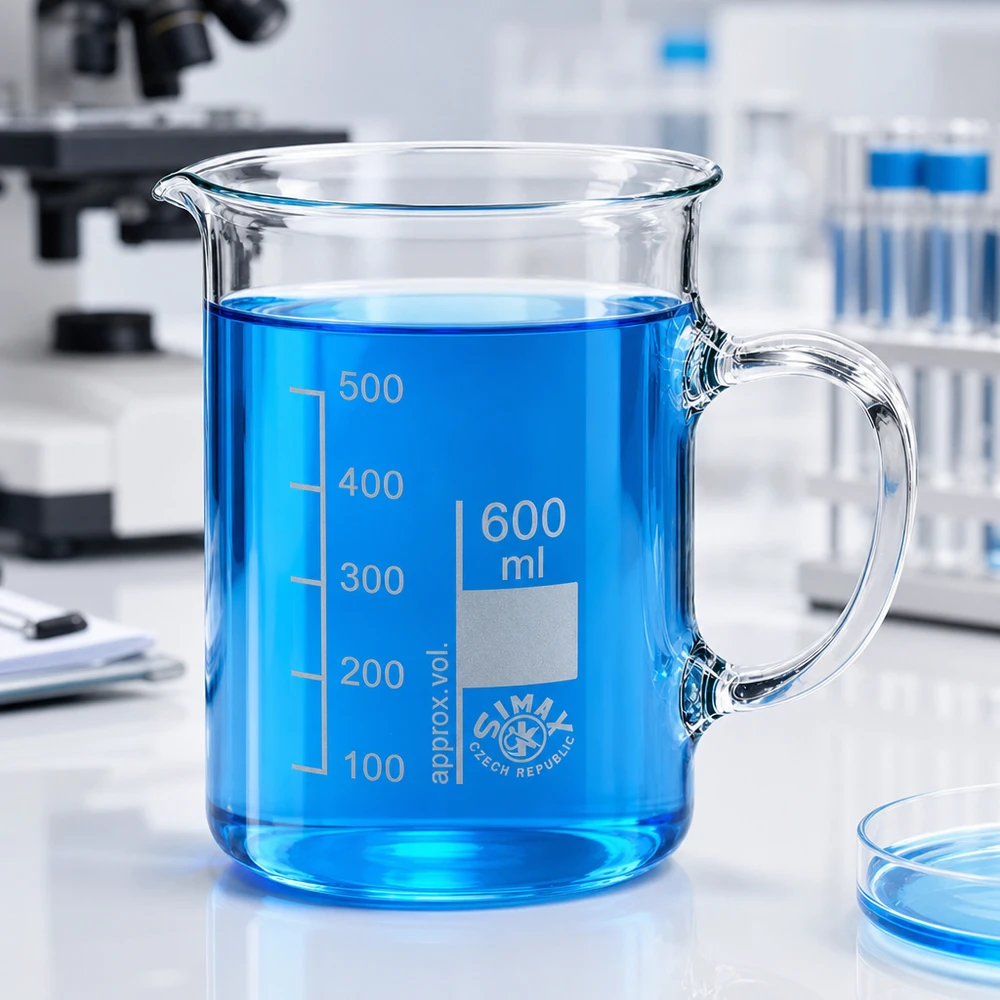 Kádinka z borosilikátového skla 600 ml, s rukojetí Klares Borosilikat Messbecherglas 600ml mit Henkel neben Petrischale und Mikroskop