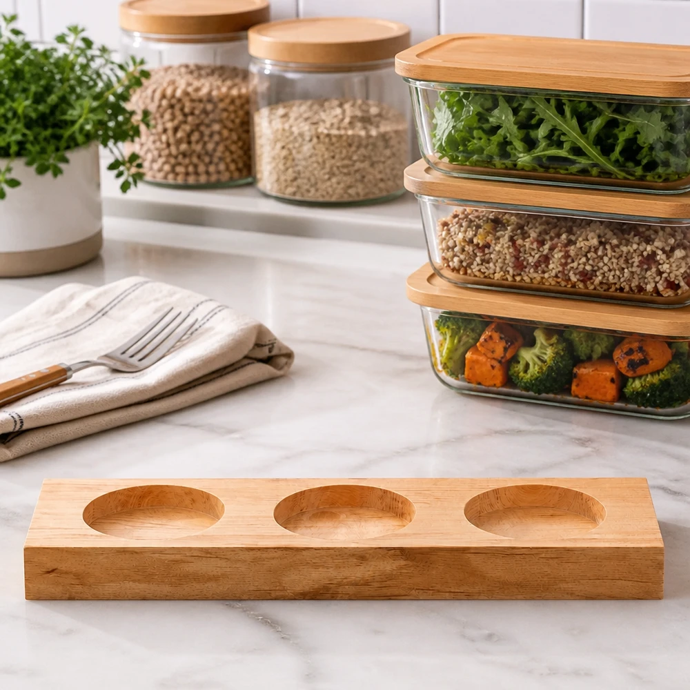 Bambus Servierbrett Plano3 auf Marmortheke in moderner Küche mit Meal-Prep-Behältern und Vorratsgläsern