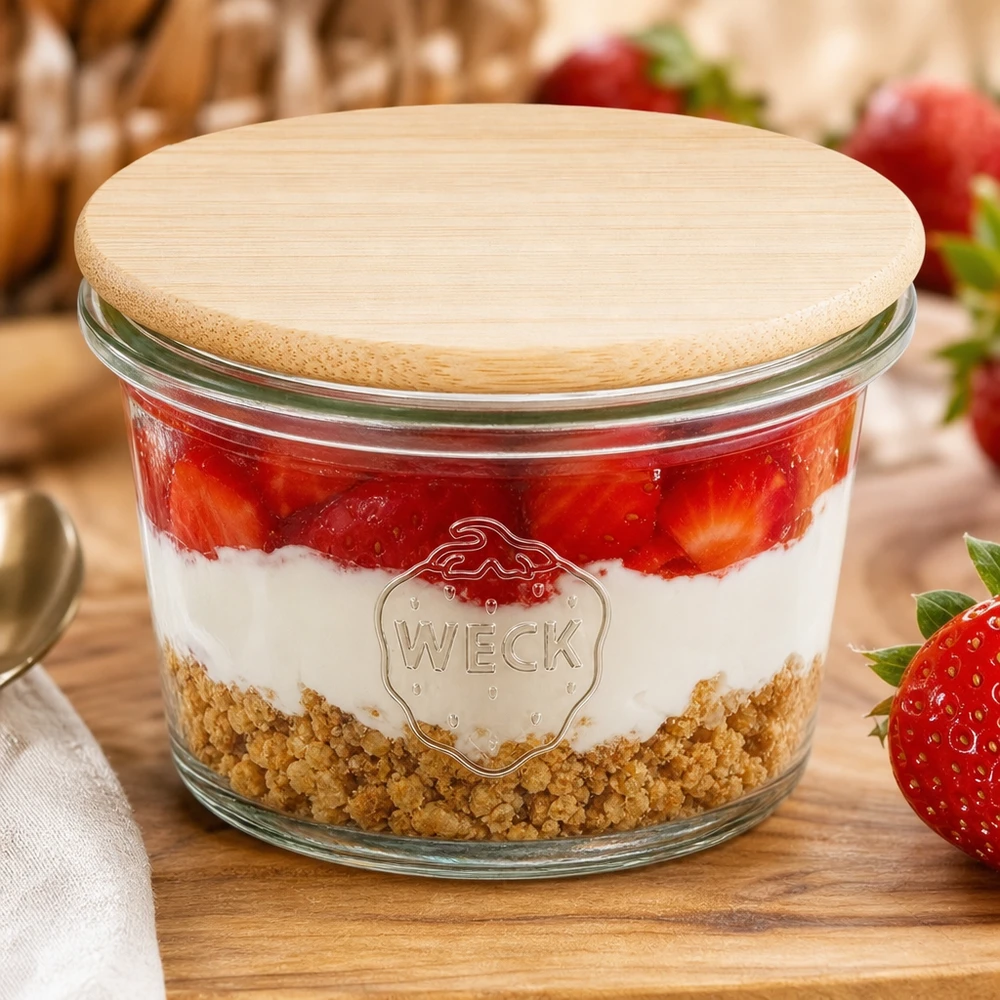 35ml mini zavařovací sklenice WECK RR40 s dřevěným víčkem WECK Mini Sturzglas 35ml RR40 mit Bambus Holzdeckel gefüllt mit Erdbeer-Schichtdessert auf Holzbrett mit frischen Erdbee