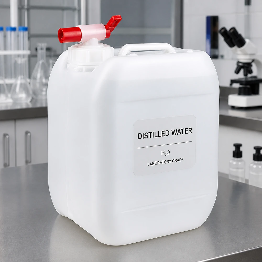Kanystr o objemu 5 litrů s vypouštěcím kohoutkem Robuster Kanister 5 Liter mit seitlichem Auslaufhahn vor Mikroskop im Laborumfeld