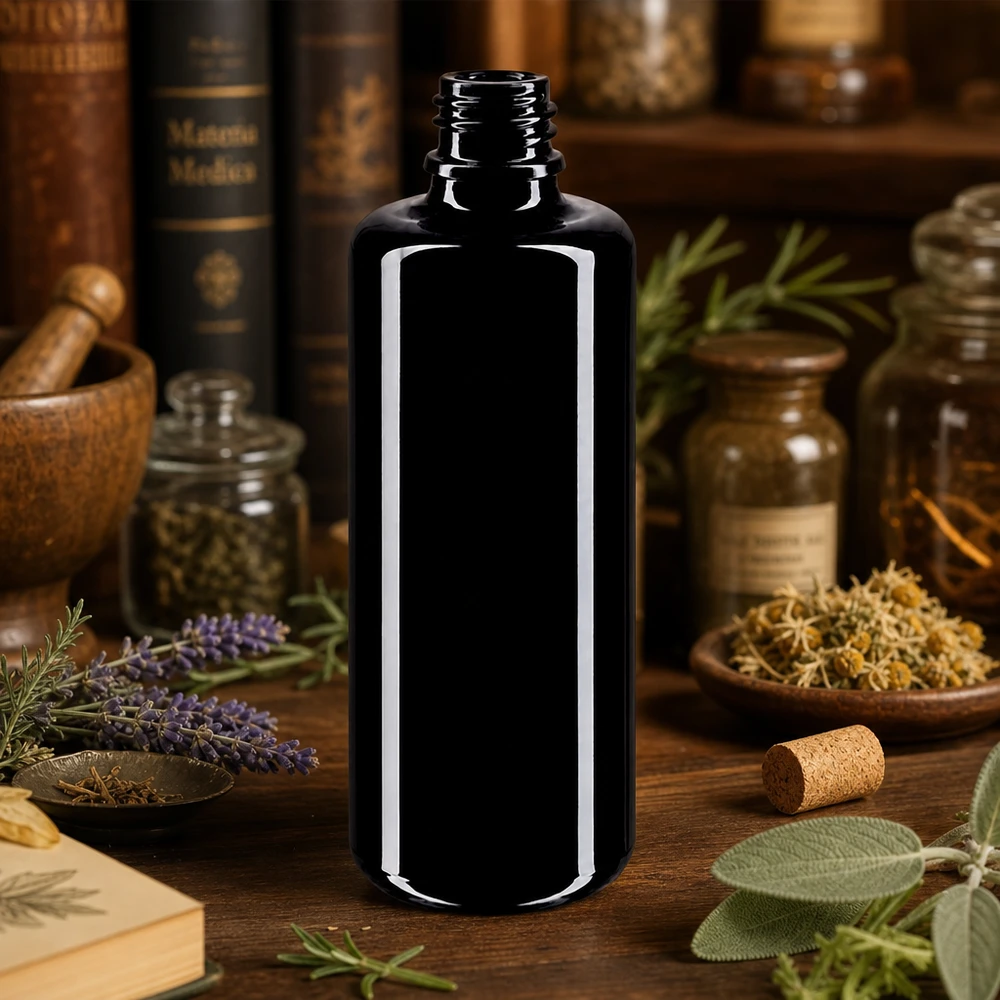 Fialová skleněná lahvička 50ml DIN 18 (Mironglas) Apothekerflasche Orion 50ml aus original Miron Violettglas für traditionelle Heilmittel Herstellung