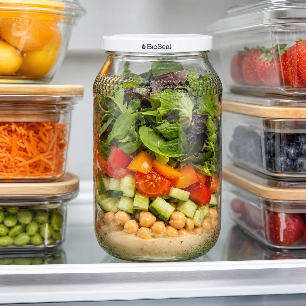 1260g Honigglas + BioSeal Deckel weiß UNiTWIST 900ml Honigglas mit BioSeal Deckel als Meal-Prep-Behälter im Kühlschrank gefüllt mit Salat Kichererbsen und Gemüse