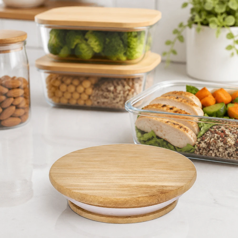 Dřevěné víko (buk) bez potisku pro WECK RR60 Holzdeckel RR60 für WECK Gläser in Küchen-Ambiente mit Meal Prep Behältern und gesunden Lebensmitteln