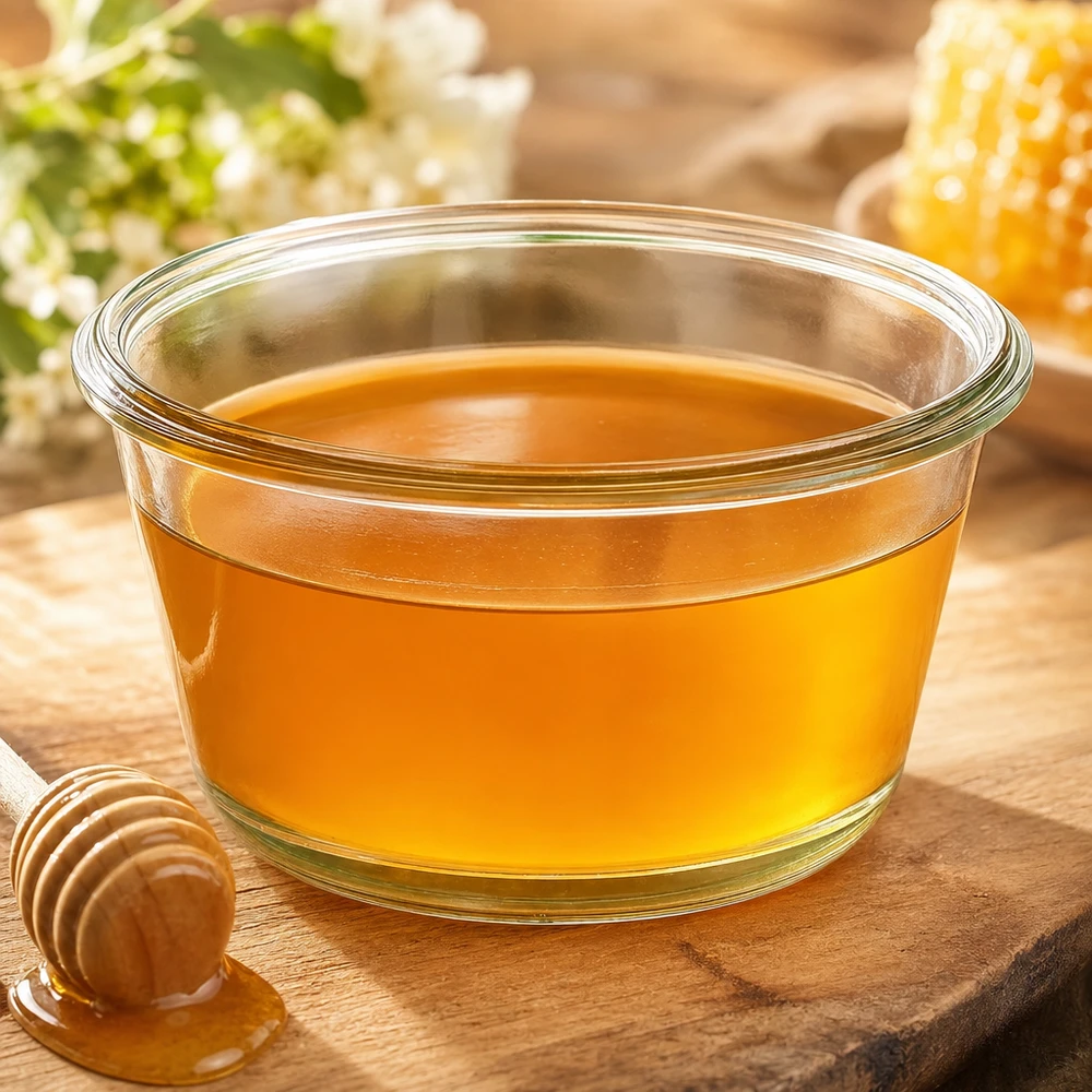 290ml sklenice na šťávu WECK RR100 pro labužníky. WECK RR100 290ml Gourmetglas mit goldenem Honig gefüllt auf Holztisch neben Honiglöffel und Bienenwaben