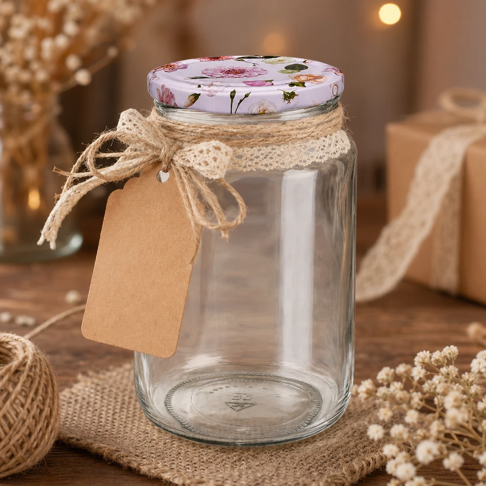 795ml kulatá sklenice + víčko BasicSeal flower pink UNiTWIST 795ml Rundglas leer mit BasicSeal Deckel rosa Blumen rustikale Dekoration Juteschnur Kraftpapier Anhänger Geschenkverpac