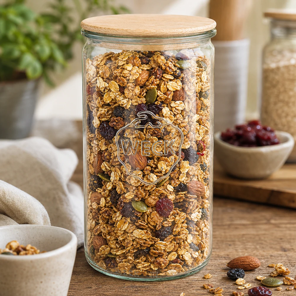 WECK Vorratsglas 1590ml RR100 gefüllt mit Müsli und Nüssen als Küchenorganisation auf Holztisch