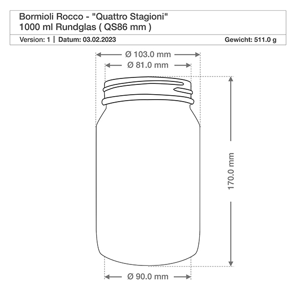 1000ml kulatá skleněná "Quattro Stagioni" s víčkem Technische Zeichnung 1000ml Quattro Stagioni Rundglas mit Maßangaben Durchmesser Höhe 170mm Bormioli Rocco Spezifikation