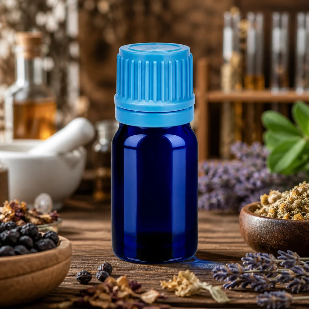 5ml lahvička 11mm šroubovací uzávěr modrý tamper-evidentní uzávěr BlueLine UT18/5 Medizinische 5ml Flasche mit kindersicherem Verschluss für Naturheilmittel