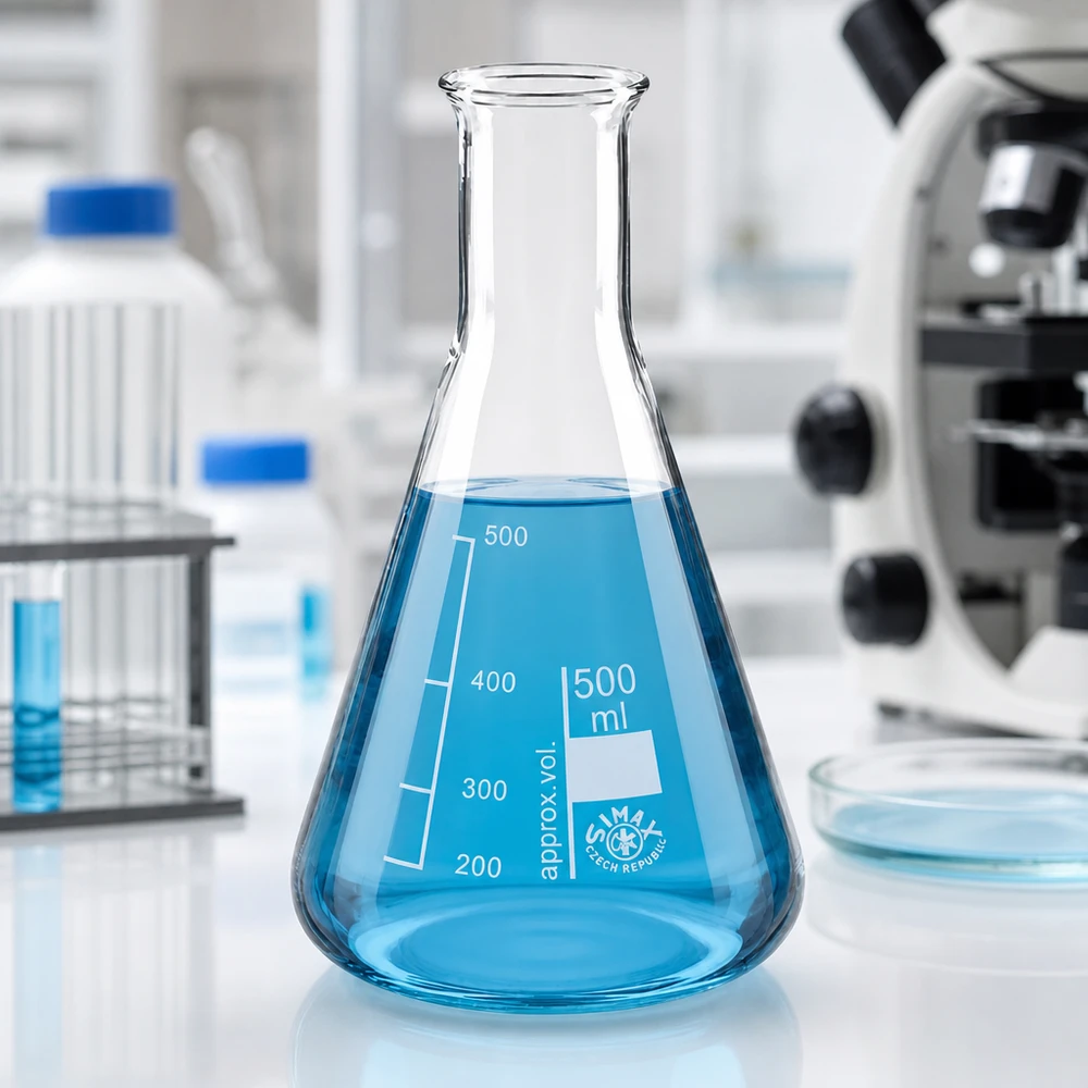 Erlenmeyerova baňka 500 ml s úzkým hrdlem Konischer Glaskolben 500ml mit engem Hals und azurblauer Testlösung auf weißer Laboroberfläche