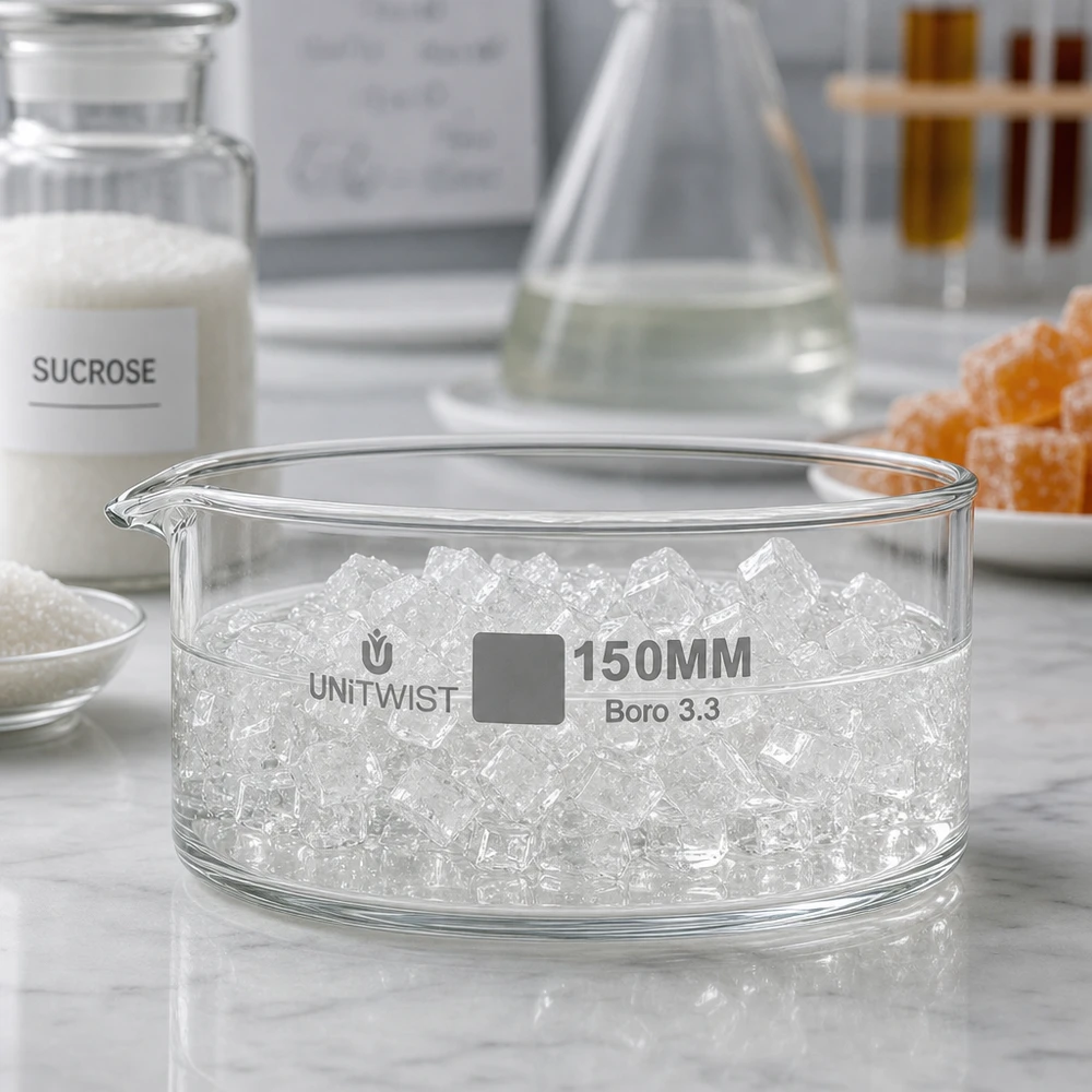 Krystalizační miska ø150mm z borosilikátového skla UNiTWIST Breite Glasschale ø150mm UNiTWIST mit Kristallen Marmortisch Sucrose Laborumgebung Borosilikat
