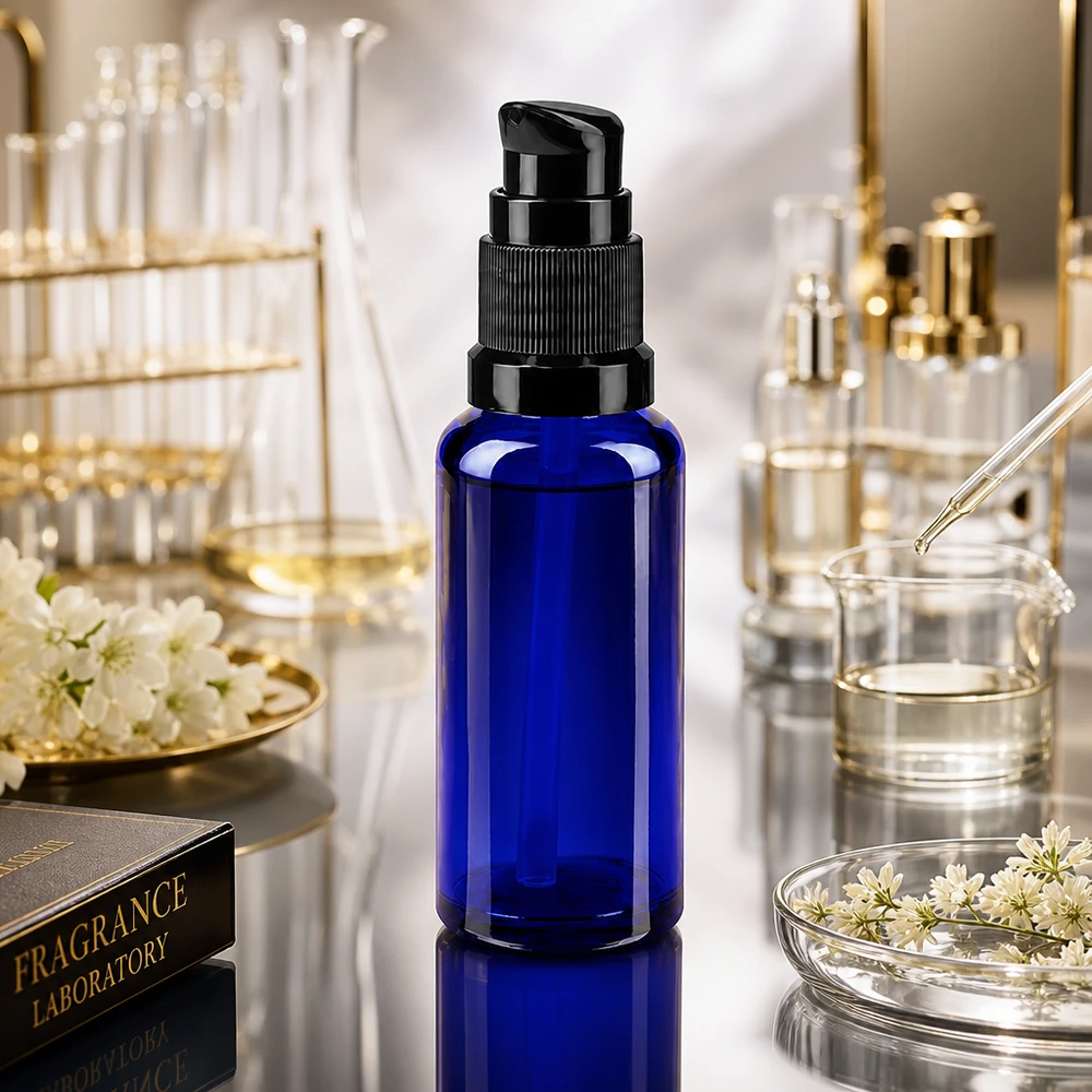 Lékárenská láhev modrá 30ml pumpovací uzávěr černý standardní Zylindrische 30ml Glasflasche in Kobaltblau mit schwarzer STD Pumpe Laborhintergrund