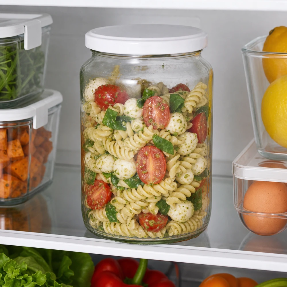 795ml kulatá sklenice s víčkem BasicSeal bílá UNiTWIST 795ml Rundglas UNiTWIST als Meal-Prep Behälter im Kühlschrank mit Nudelsalat gefüllt zeigt perfekte Frischhaltung