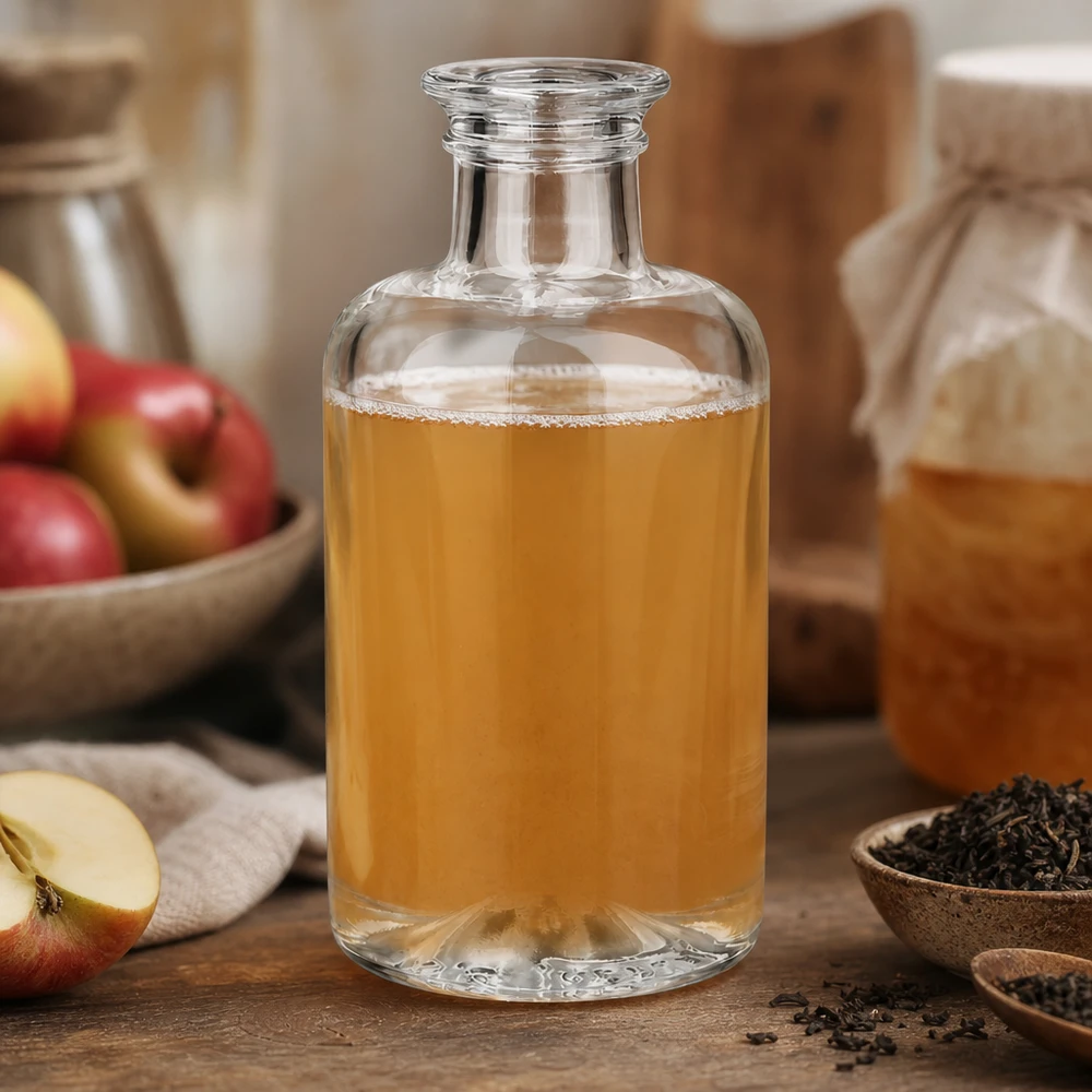 100ml Glasflasche Sofia mit Apfelsaft gefüllt neben frischen Äpfeln und Teekräutern auf natürlichem Holztisch