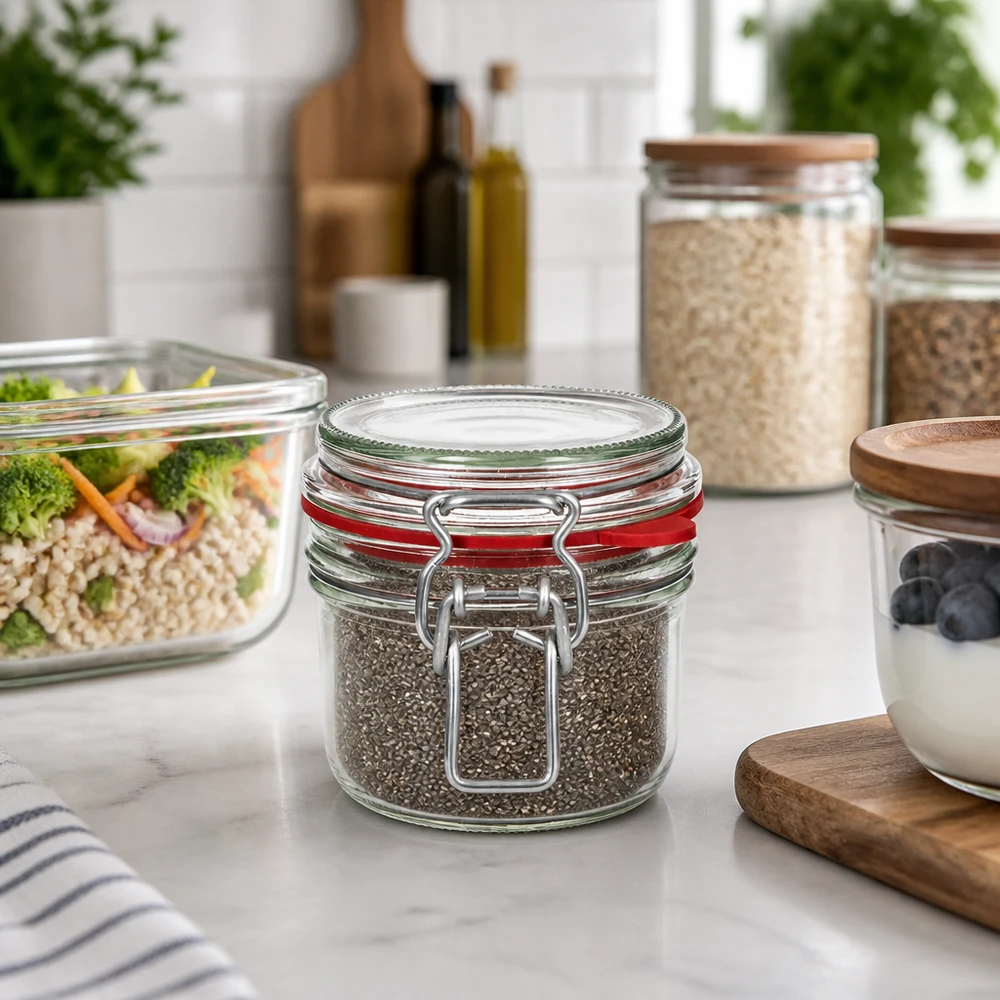 Skladovací sklenice o objemu 255 ml s gumovým kroužkem a výkyvným víčkem UNiTWIST. Stilvolle Küchenorganisation mit 255ml Vorratsglas Bügelverschluss für Gewürze und Trockenvorräte auf Marmortheke