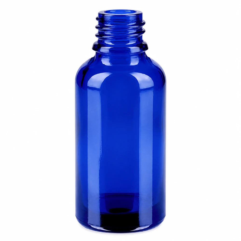 30ml láhev 11mm šroubovací uzávěr červený uzávěr s ochranou proti manipulaci BlueLine UT18/30 30ml Flasche blaues Glas 11mm Gewinde perfekt für Homöopathie und Naturheilkunde geeignet