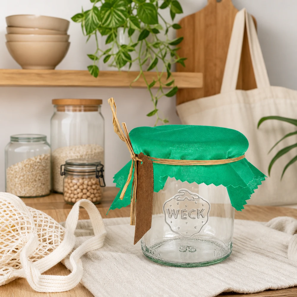 Látkový ubrousek na šperky zelený 12cm čtvercový Grünes Schmuckdeckchen 12cm eckig auf WECK Glas in nachhaltiger Zero-Waste Küche mit Vorratsbehältern und Jutebeutel