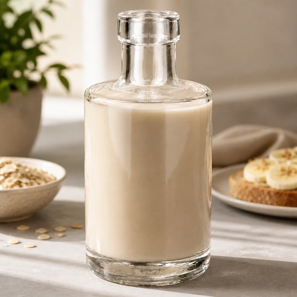 Glasflasche Marie 200ml mit Hafermilch befüllt Lifestyle Küchenszenerie mit Haferflocken und Brot Anwendung