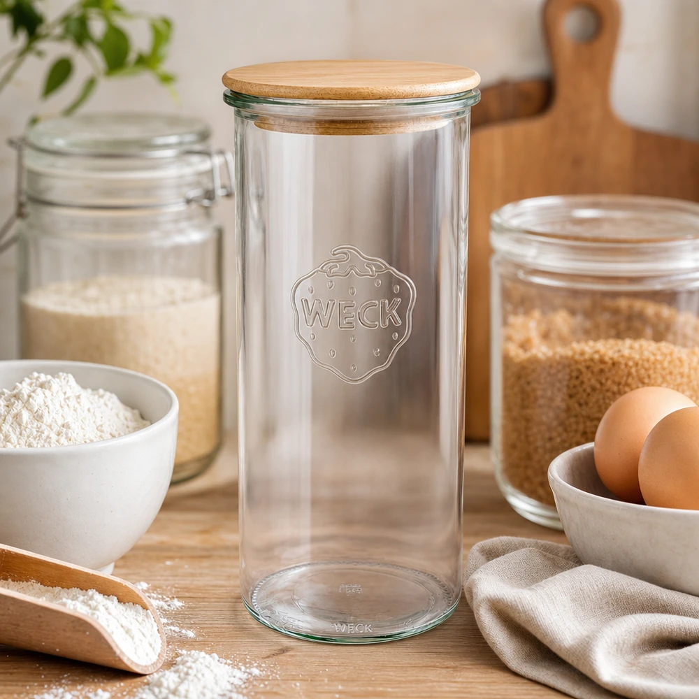 WECK Sturzglas 1500ml RR100 mit Holzdeckel für Mehl Getreide Backen Küchendeko skandinavischer Stil