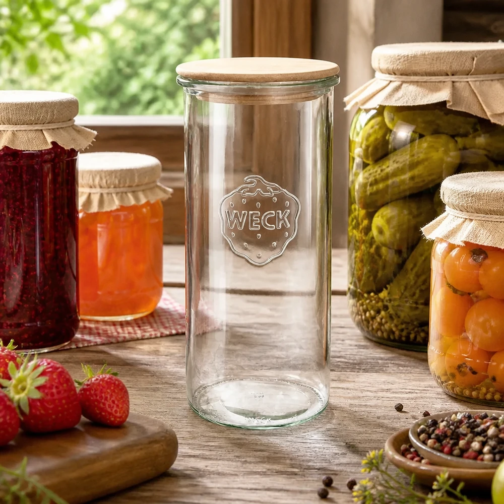 WECK Sturzglas RR100 1500ml Einmachglas mit Holzdeckel in rustikaler Küche mit Marmelade und eingelegten Gurken