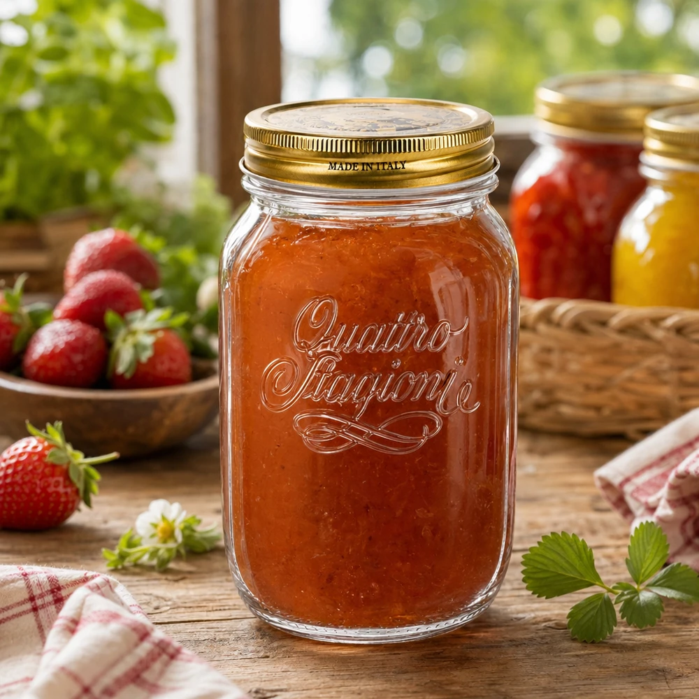 1000ml kulatá skleněná "Quattro Stagioni" s víčkem 1000ml Quattro Stagioni Glas mit hausgemachter Erdbeermarmelade gefüllt auf rustikalem Holztisch italienisches Einmachgl