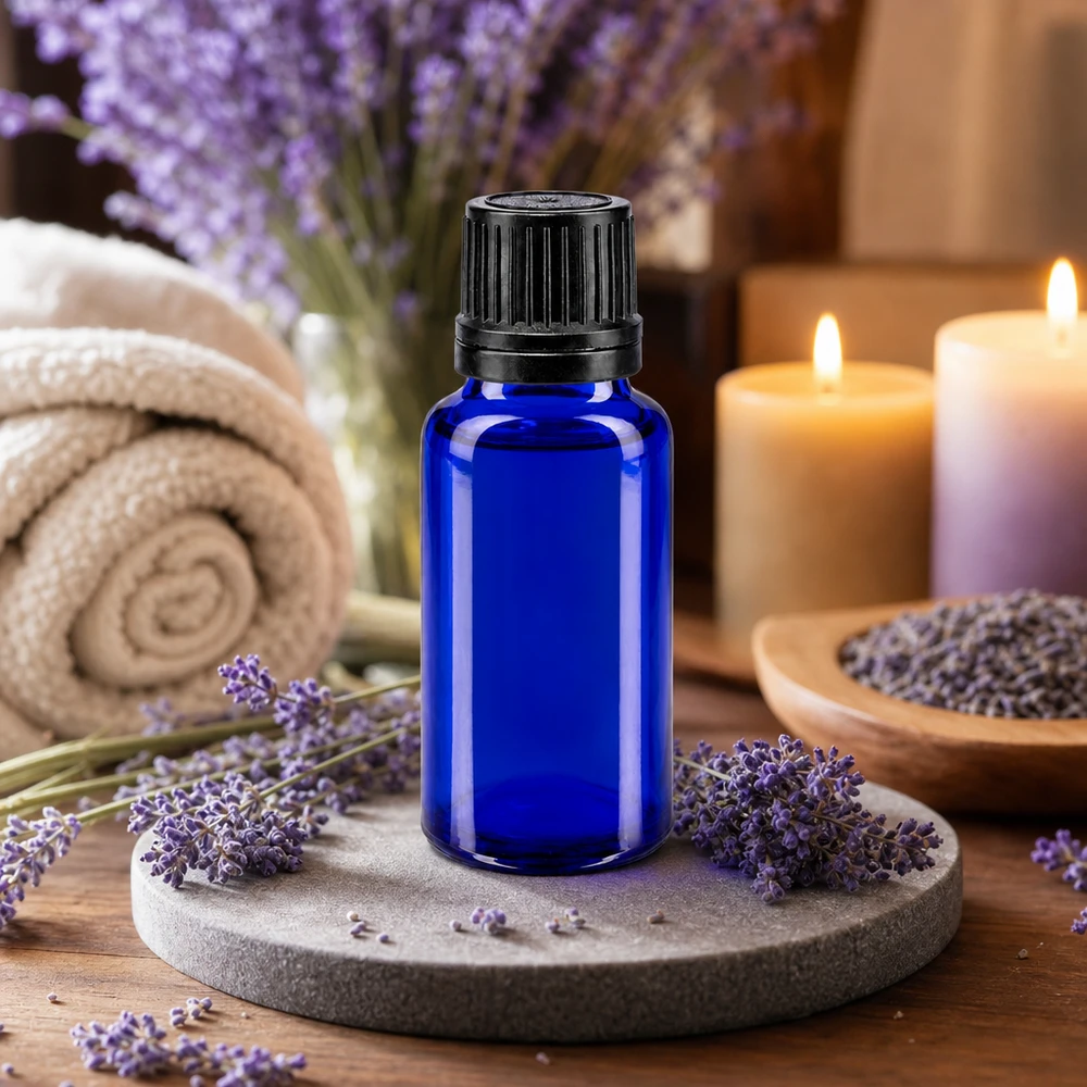 Lékárenská lahvička modrá 20ml kapací uzávěr nalévací kroužek 1mm černý tamper-evidentní uzávěr. Lichtschutzglas Tropfflasche 20ml in Blau mit schwarzem OV auf rundem Stein mit Lavendeldeko