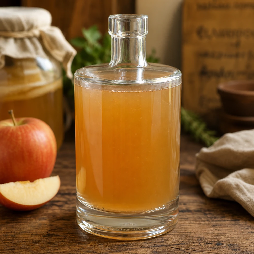 500ml Glasflasche Marie mit Apfelmost gefüllt neben frischen Äpfeln zeigt vielseitige Verwendung für hausgemachte Säfte