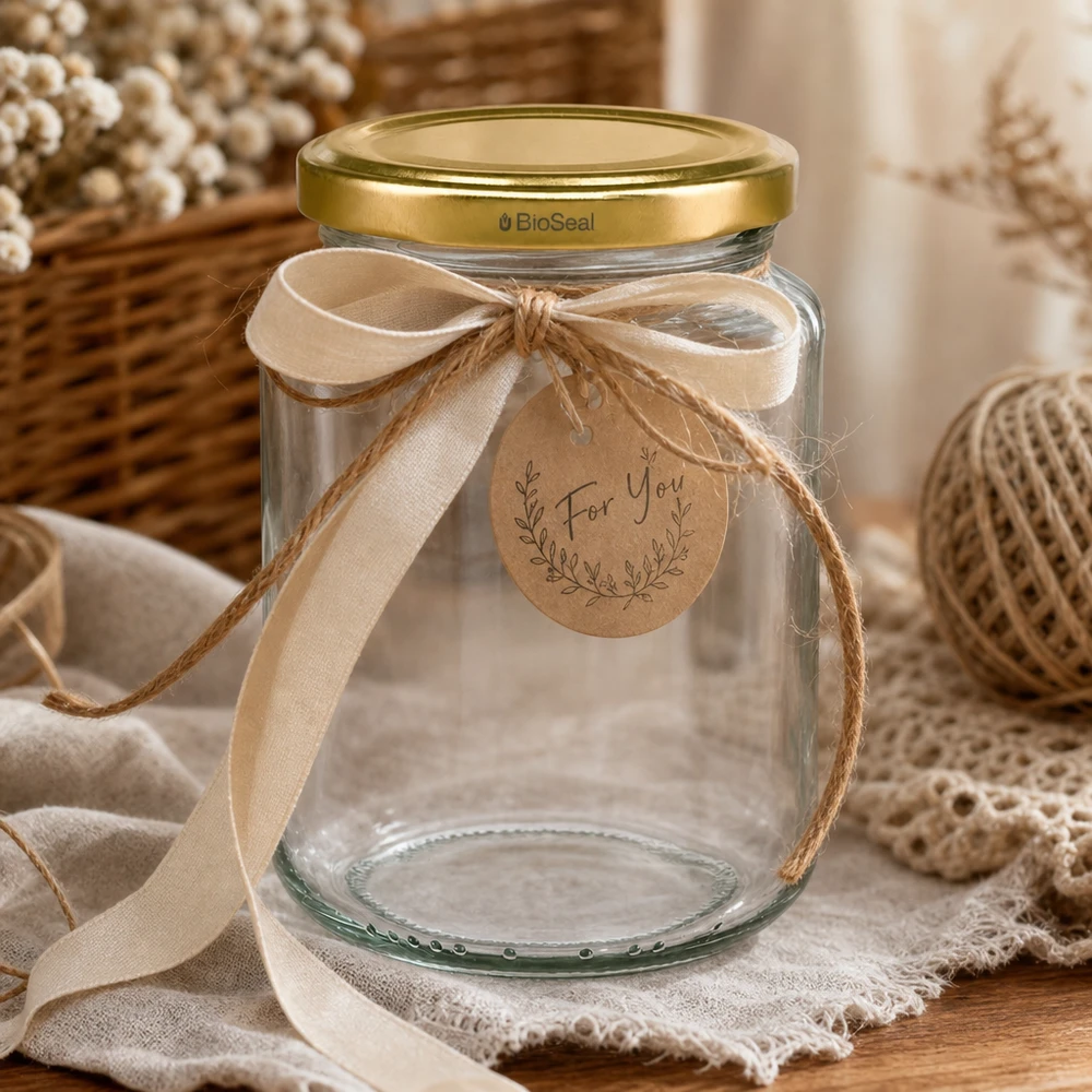UNiTWIST Runda382 se zlatým víkem TO66 BioSeal UNiTWIST Runda382 Geschenkverpackung mit Schleife und Anhänger, goldener TO66 BioSeal Deckel, dekoratives Einmachglas