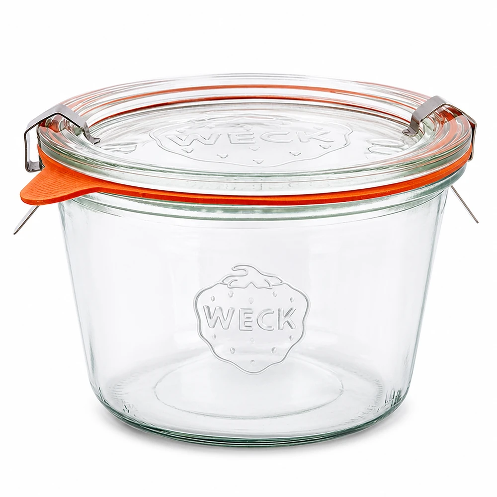 Kompletní 370ml sklenice se svěžestí WECK RR100 WECK Sturzglas 370ml RR100 mit Glasdeckel und orangem Gummiring komplett Set für Einkochen und Konservieren