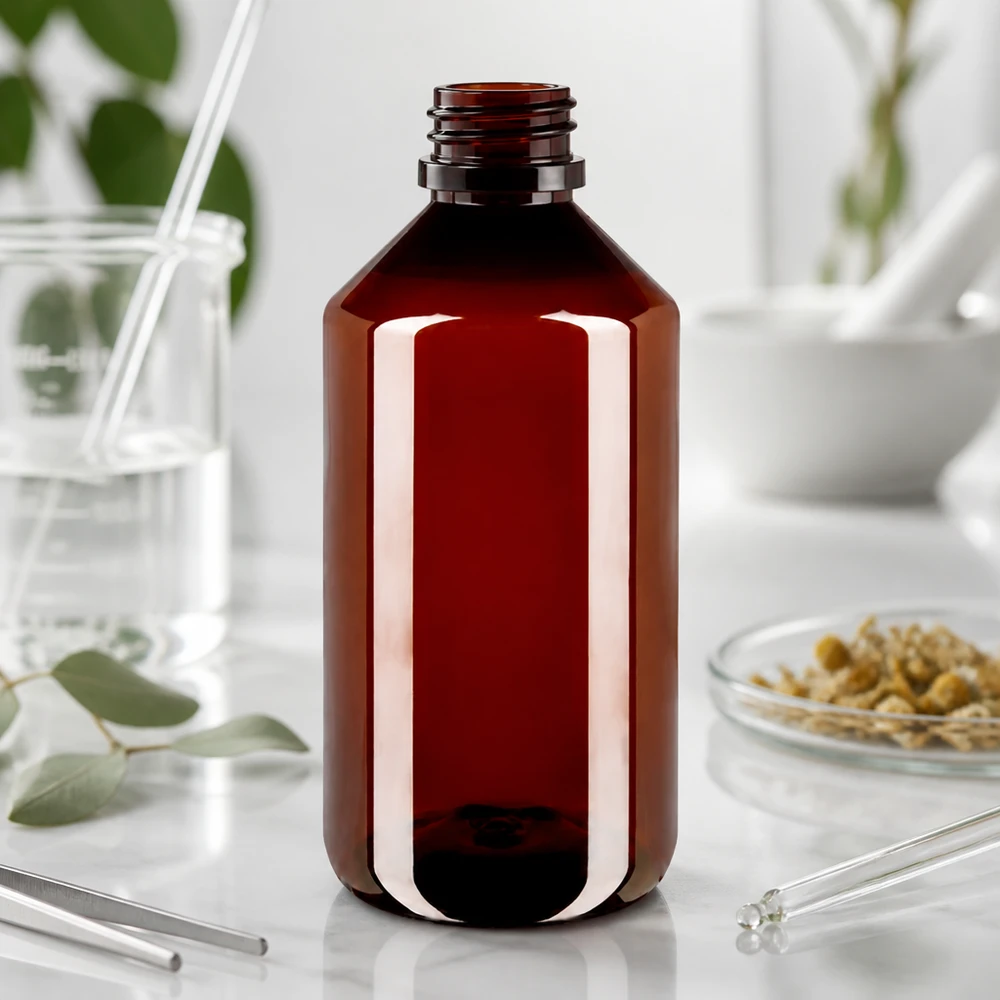 PET láhev 750ml s bílým rýhovaným uzávěrem s možností opakovaného uzavření PET láhev s ochranou proti světlu, 750 ml, jantarová, bez uzávěru, pro lékárny a laboratoře
