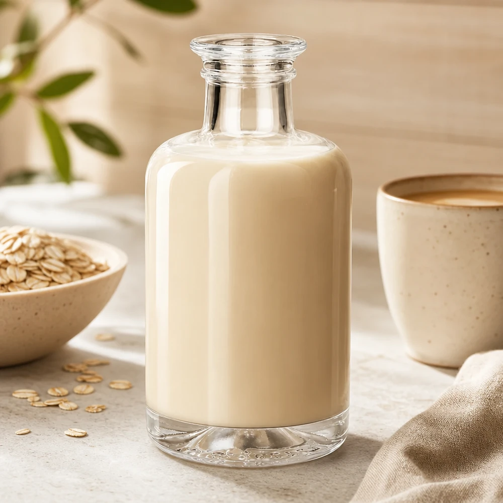 100ml Glasflasche "Sofia" ohne Verschluss UNiTWIST 100ml Glasflasche Sofia mit Hafermilch gefüllt neben Haferflocken und Tasse auf hellem Untergrund