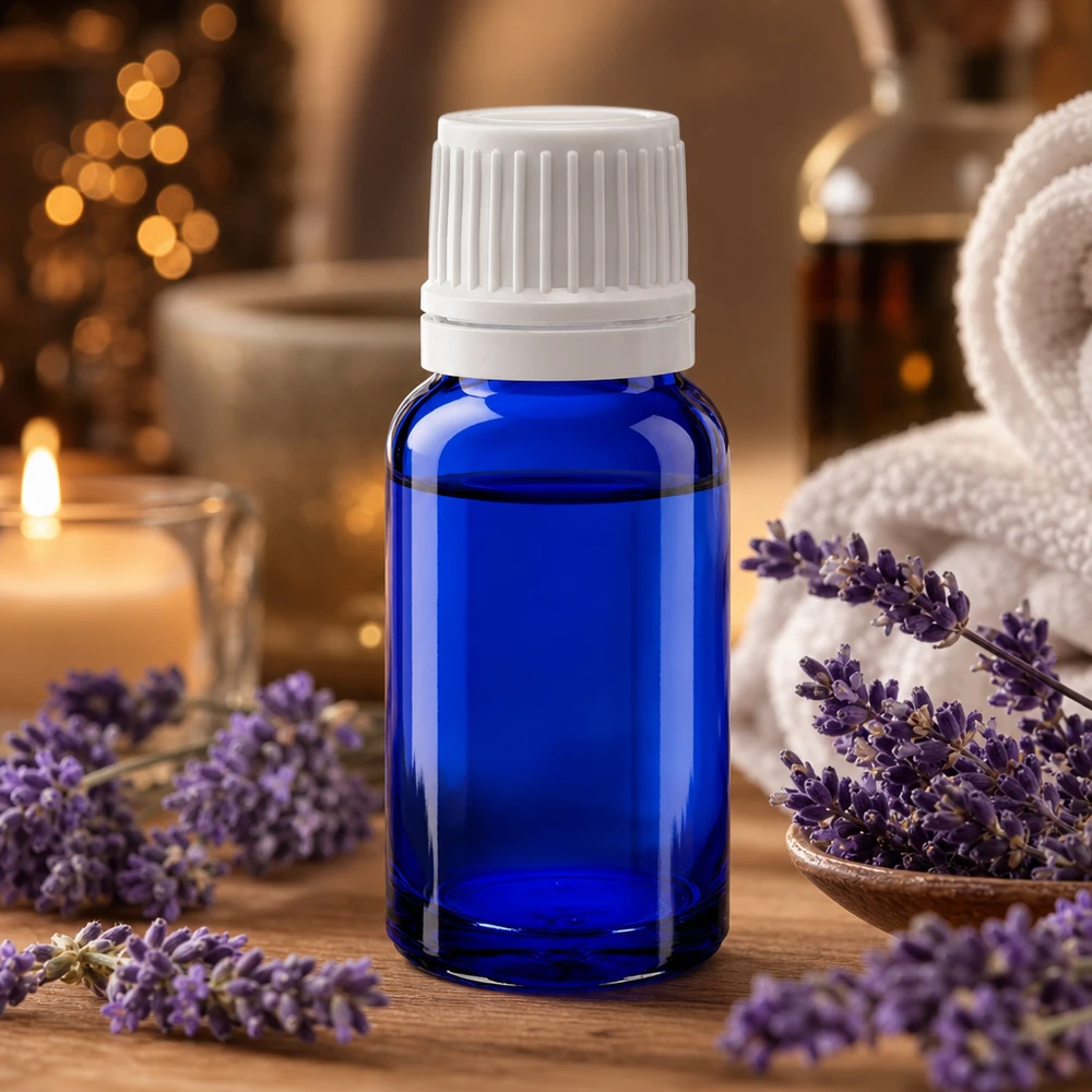 Lékárenská láhev modrá 10ml šroubovací uzávěr bílý uzávěr proti neoprávněné manipulaci. Blickdichte blaue 10ml Glasflasche mit weißem Schraubdeckel zum Schutz lichtempfindlicher Öle