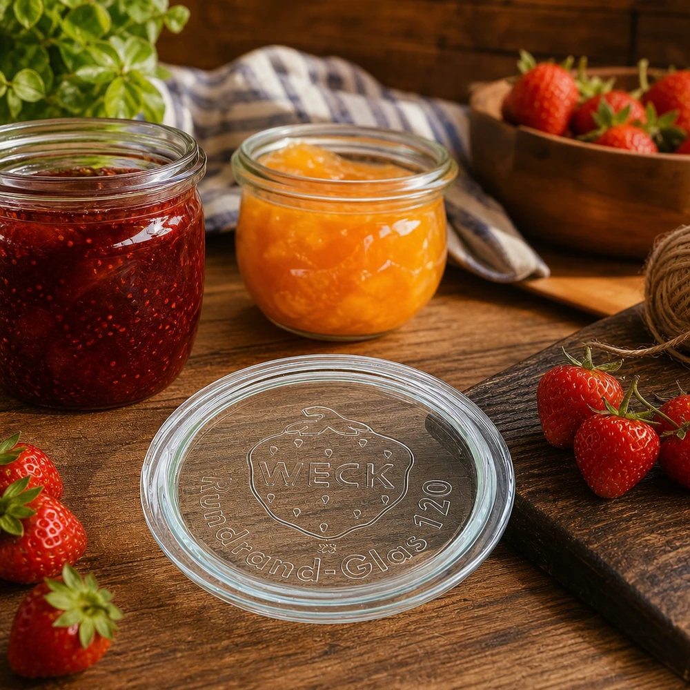 Skleněné víčko WECK RR120 WECK Glasdeckel RR120 für stilvolle Marmeladengläser und Konservierung von Obst in rustikaler Küche mit Erdbeeren