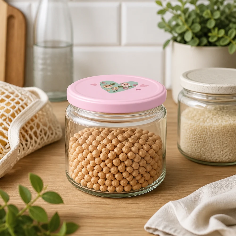 330ml kulatá sklenice + víčko BasicSeal srdíčková růžová UNiTWIST 330ml Rundglas mit rosa Herz-Deckel gefüllt mit Kichererbsen in moderner Küche neben Vorratsgläsern
