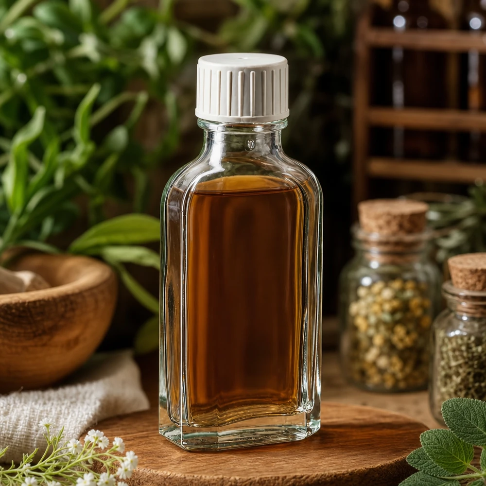 Flache rechteckige 50 ml Flasche aus klarem Glas mit Schraubverschluss für Heilkräuter