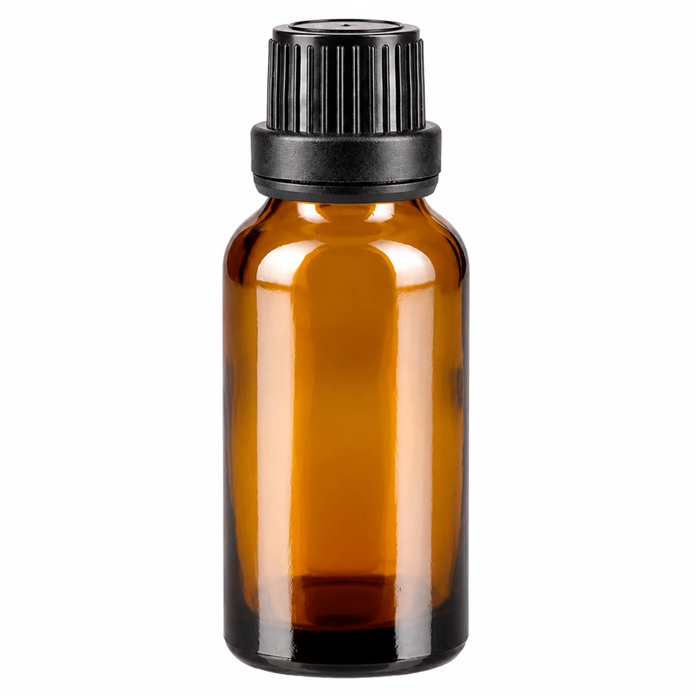 Lékárenská láhev hnědá 20ml kapací uzávěr nalévací kroužek 2mm černý tamper evidentní uzávěr. 20ml Apoglas Tropfflasche braun mit schwarzem Originalitätsverschluss für Pharmazeutika
