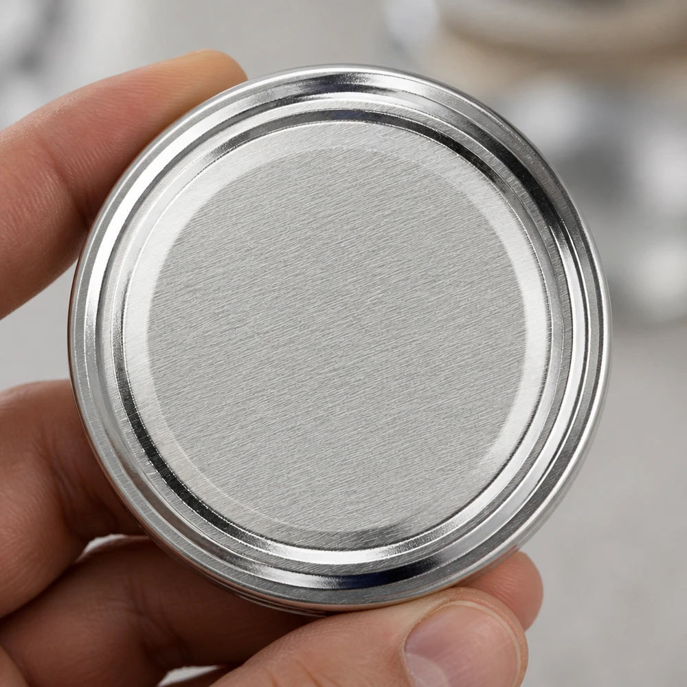 58mm víčko BasicSeal stříbrné (TO58) UNiTWIST Detailní záběr 58 mm TO58 BasicSeal kovové víčko, stříbrné, kulatý tvar, lem s okrajem, UniTwist