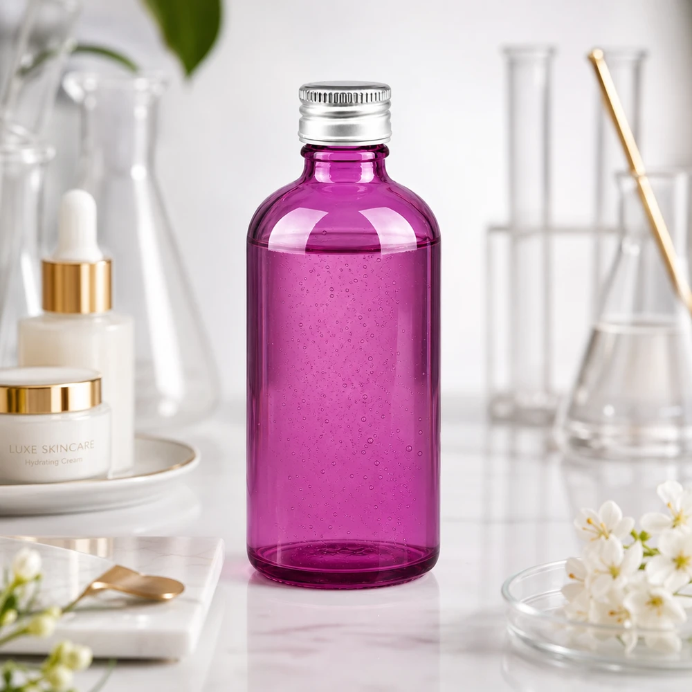 Lahvička o objemu 100 ml. Hliníkovo-stříbrný šroubovací uzávěr o průměru 11 mm standardní PurpleLine. UT18/100 Stilvolle Glasverpackung 100ml in Purple ideal für DIY-Kosmetik und natürliche Pflegeöle
