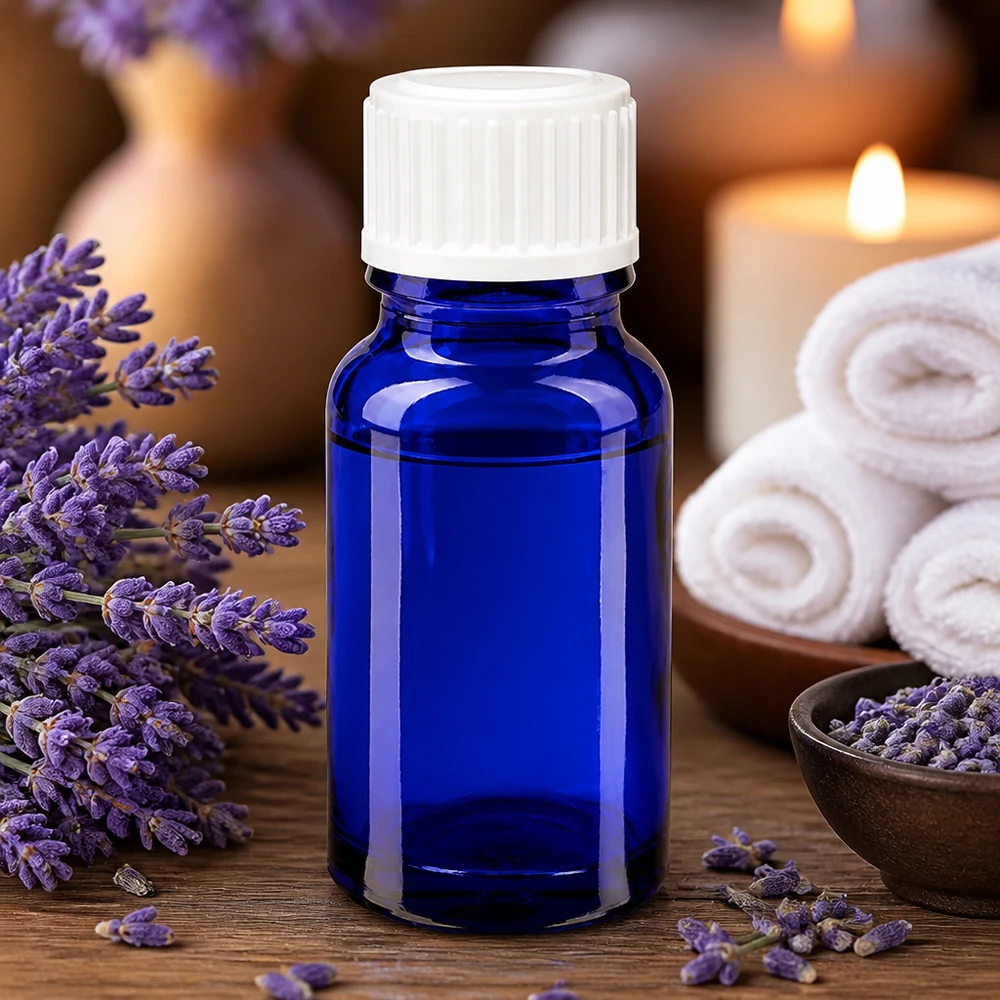 Blaue Miniaturflasche aus Glas 10ml mit weißem Verschluss für Naturkosmetik geeignet