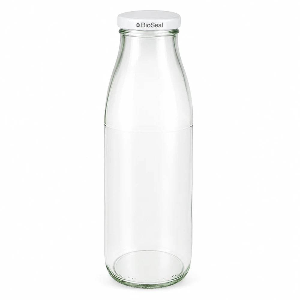 500ml skleněná láhev + víčko BioSeal bílé UNiTWIST 500ml Glasflasche mit weißem BioSeal Deckel, transparent, UN-zertifiziert, Milchflasche für Getränke und Lebensmittel