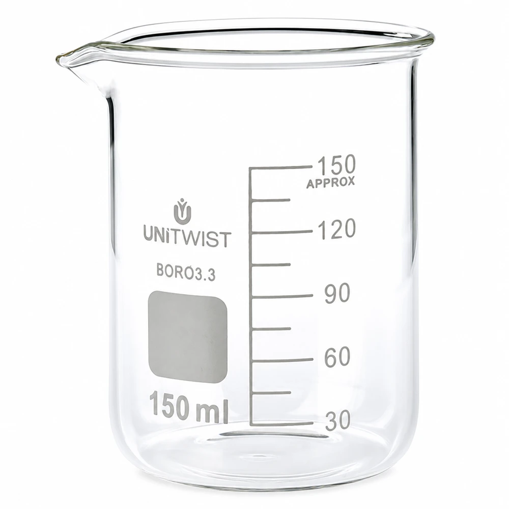 Kádinka 150ml borosilikátová, nízká forma UNiTWIST Becherglas niedrige Form 150ml UNiTwist Borosilikatglas mit Beschriftungsfeld und Skala